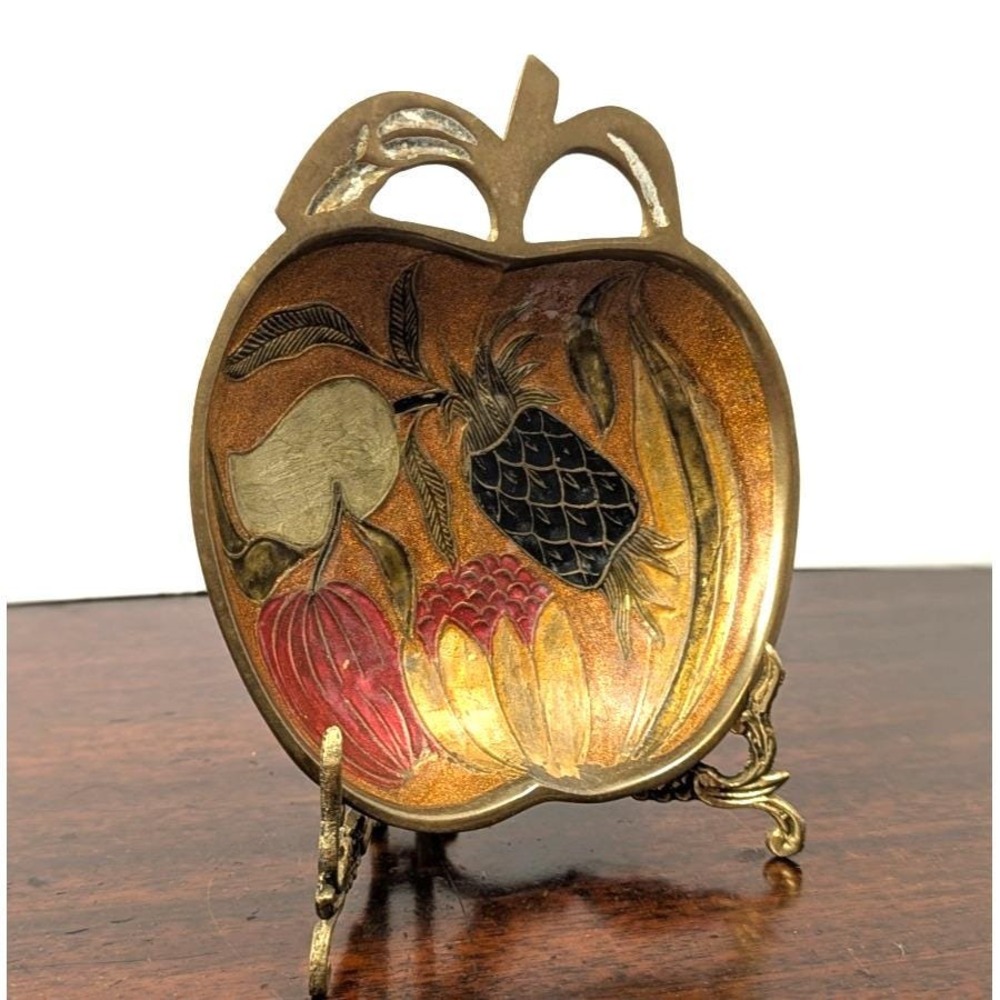 Vintage Enameled Brass Apple Shaped Trinket Dish Fruit Motif Gold Tone 6in - Picture 2 of 7